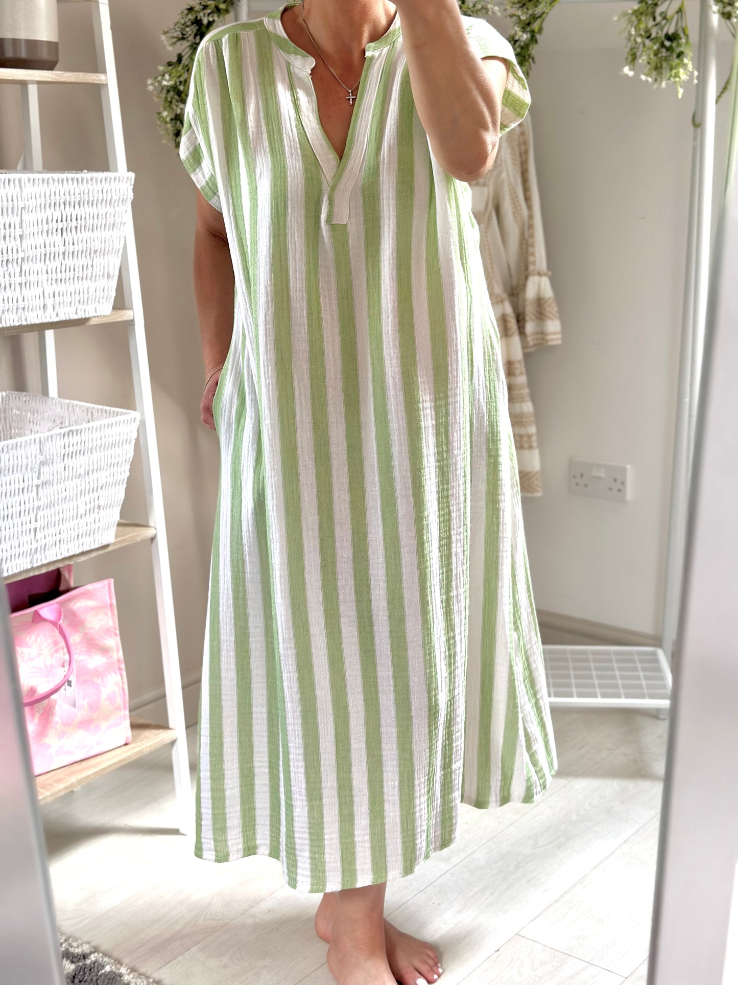 Made in Italy Green and Beige Stripe V Neck Dress