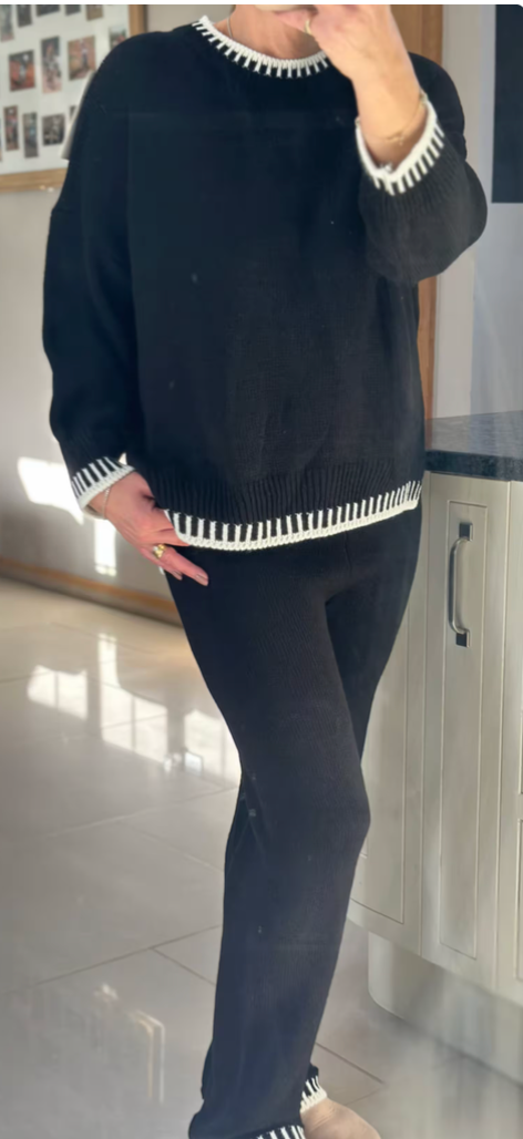 Made in Italy Black Thick Knitted With Border Detail Two Piece Co-Ord Set, Loungewear, Cosy Knitwear.