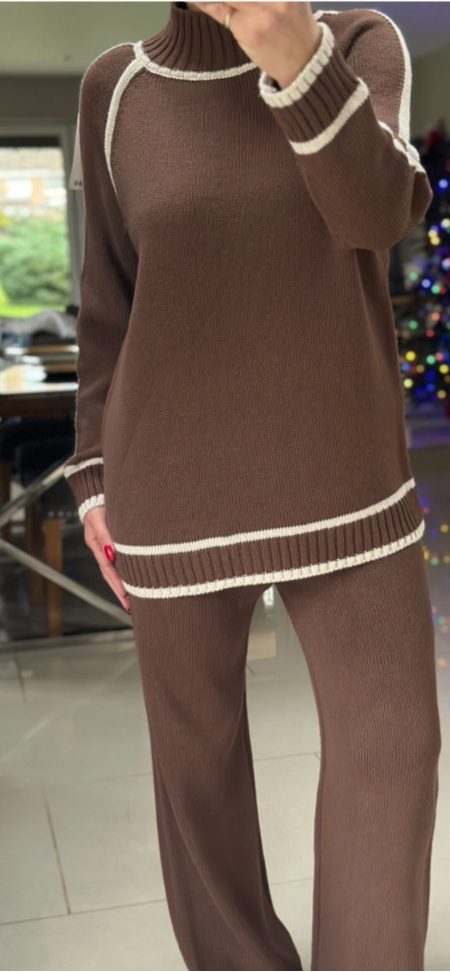 Made in Italy Brown Thick Knitted High Neck Border Detail Two Piece Co-Ord Set, Loungewear, Cosy Knitwear.