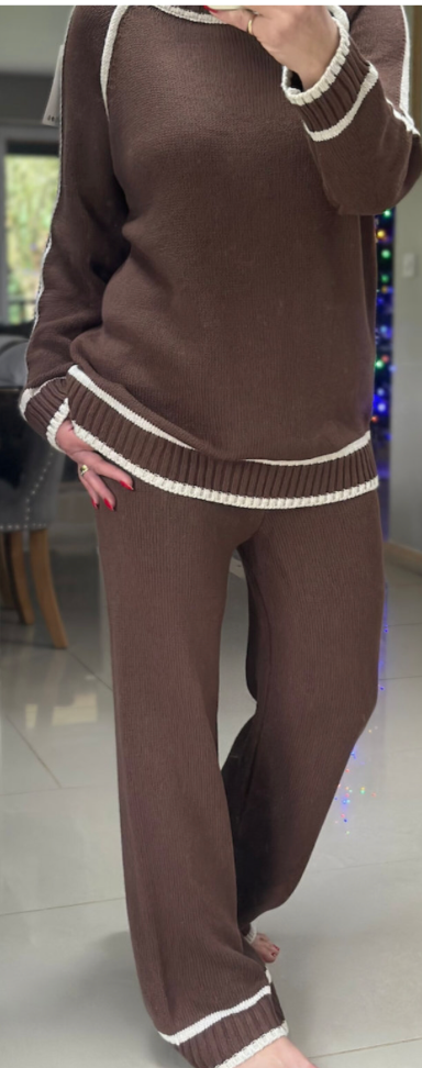 Made in Italy Brown Thick Knitted High Neck Border Detail Two Piece Co-Ord Set, Loungewear, Cosy Knitwear.