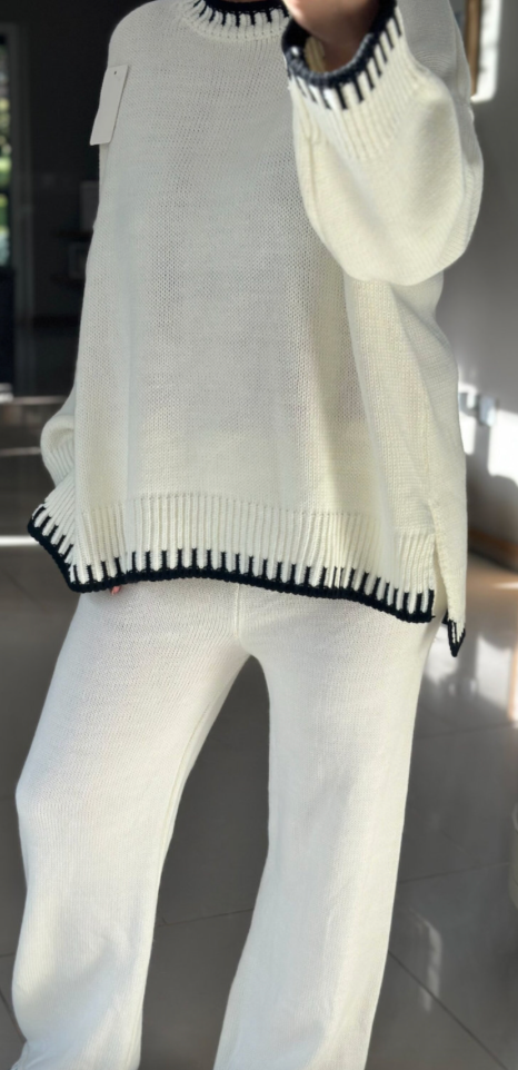 Made in Italy Cream Thick Knitted With Border Detail Two Piece Co-Ord Set, Loungewear, Cosy Knitwear.
