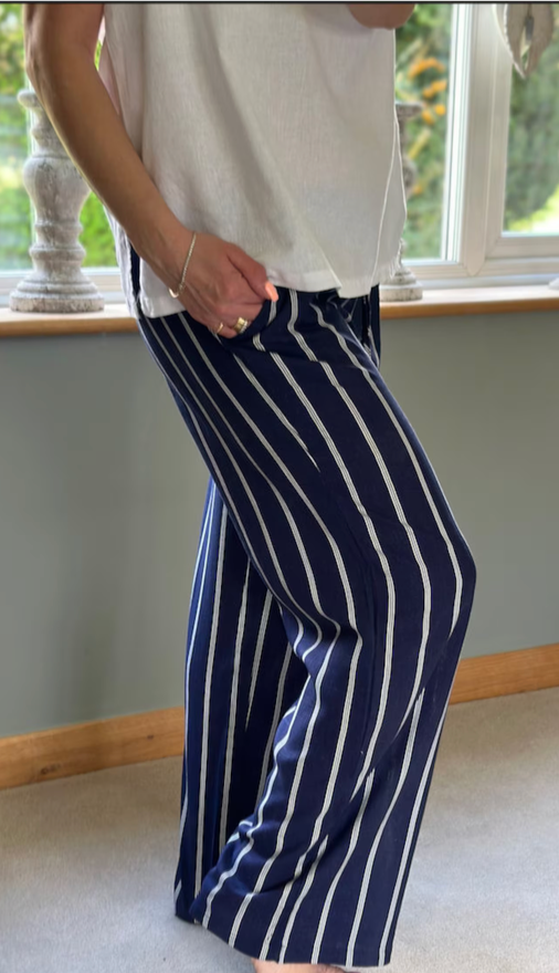 Made in Italy Navy and White Stripe Linen Pinstripe Palazzo Pant, Trouser, Linen Trouser