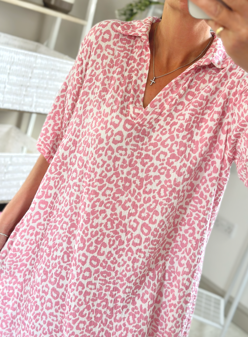Made in Italy Pink Leopard Print Cheese Cloth V-Neck Dress