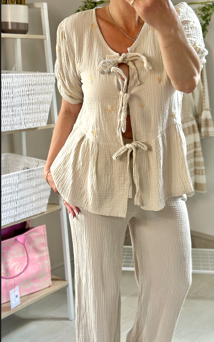 Made in Italy Cheesecloth Beige Gold Butterfly Co-Ord Out-Fit