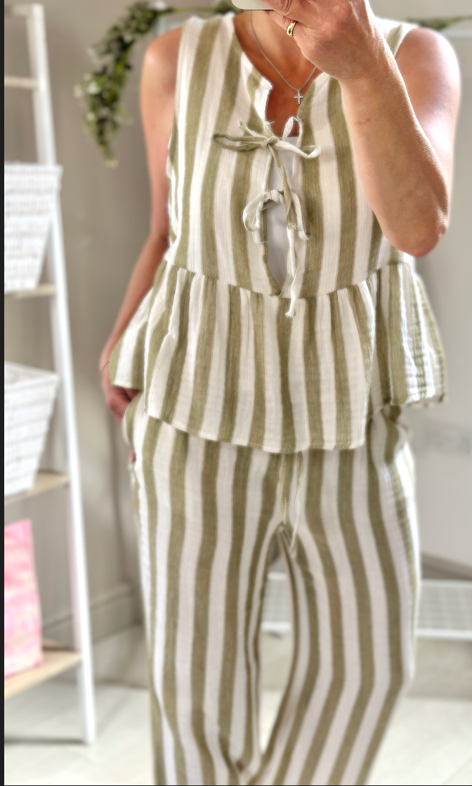 Made in Italy Green and Beige Striped Co-Ord Set, Trouser, Top