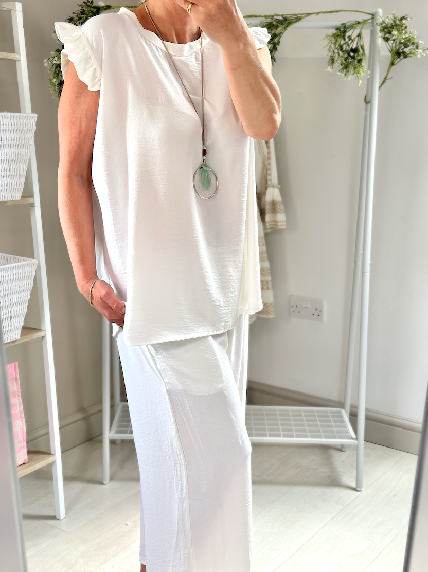 Made in Italy White Ruffle Sleeve Top Culotte Trouser Set, Co-Ord Set