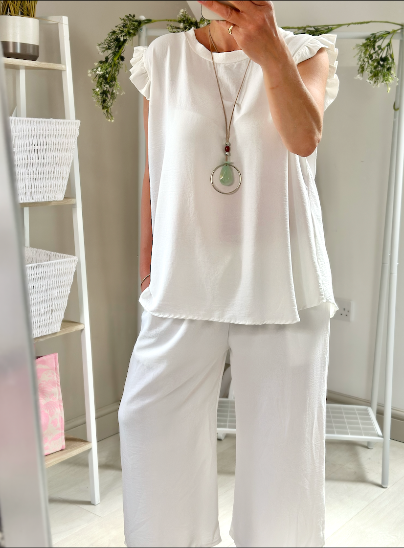 Made in Italy White Ruffle Sleeve Top Culotte Trouser Set, Co-Ord Set
