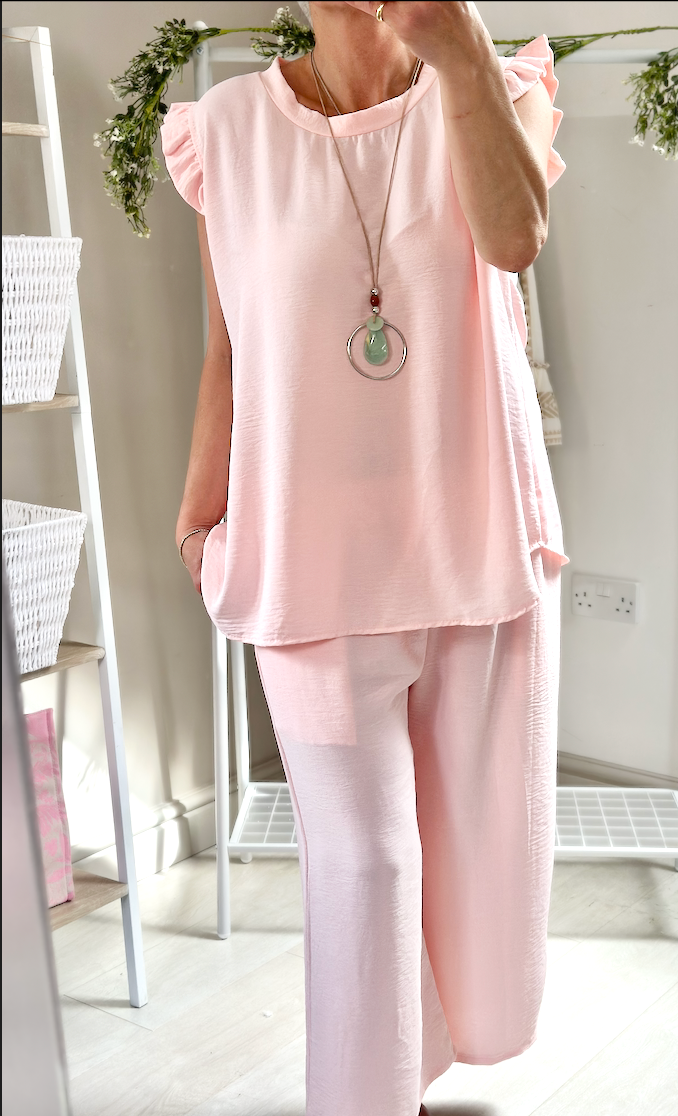 Made in Italy Baby Pink  Ruffle Sleeve Top Culotte Trouser Set, Co-Ord Set