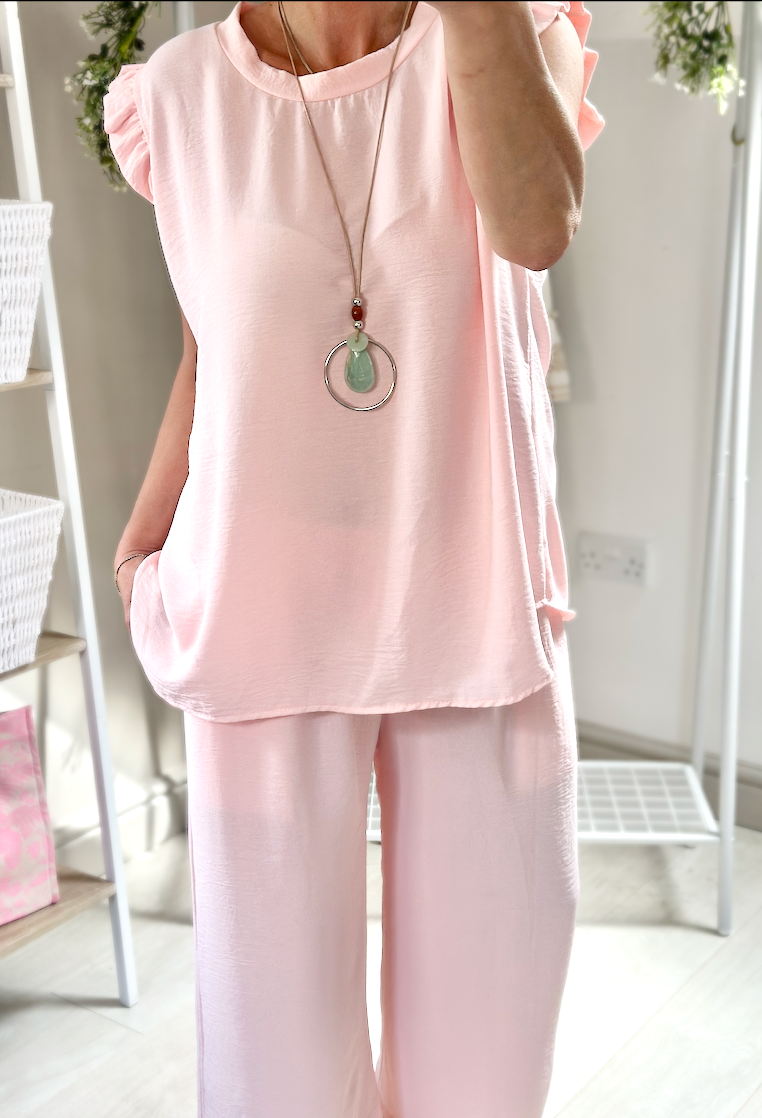Made in Italy Baby Pink  Ruffle Sleeve Top Culotte Trouser Set, Co-Ord Set