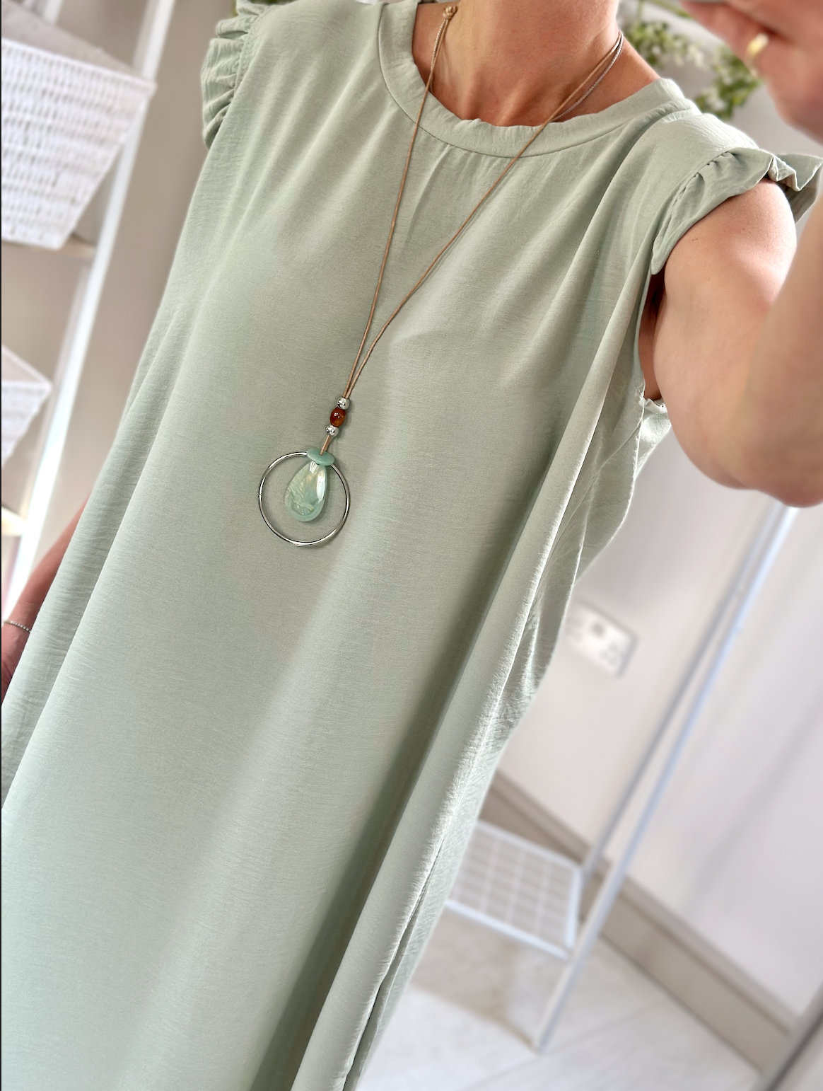 Made in Italy Sage Green Frill Sleeve Necklace Mini Dress