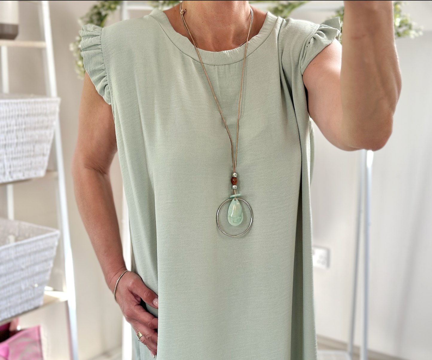 Made in Italy Sage Green Frill Sleeve Necklace Mini Dress