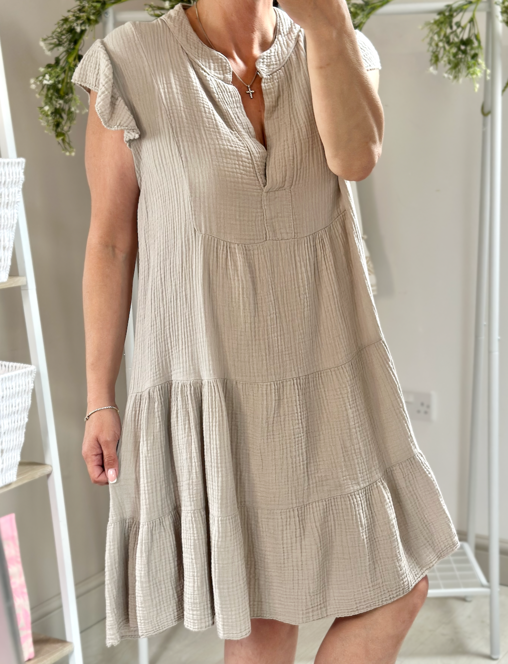 Made in Italy Beige Cheesecloth Smock Dress