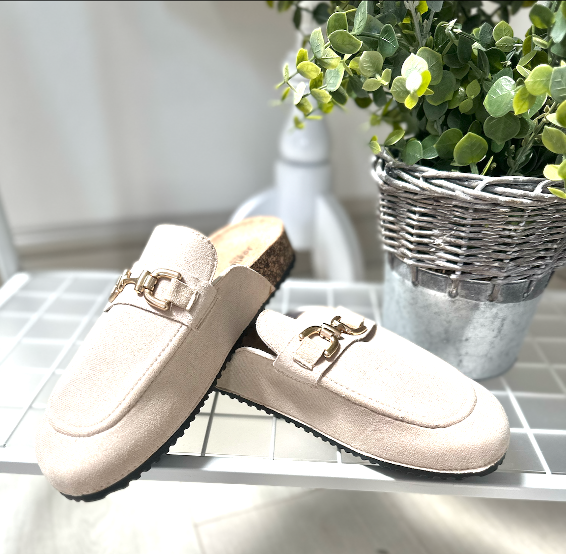 T-Bar Beige Mule, Backless Loafer, Slider