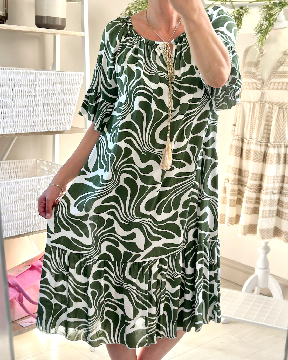 Made in Italy Khaki Swirl Print Bardot Midi Dress