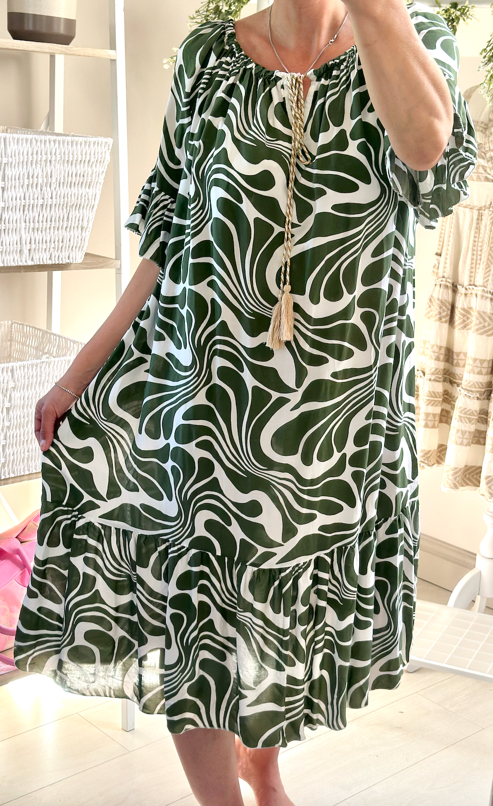 Made in Italy Khaki Swirl Print Bardot Midi Dress