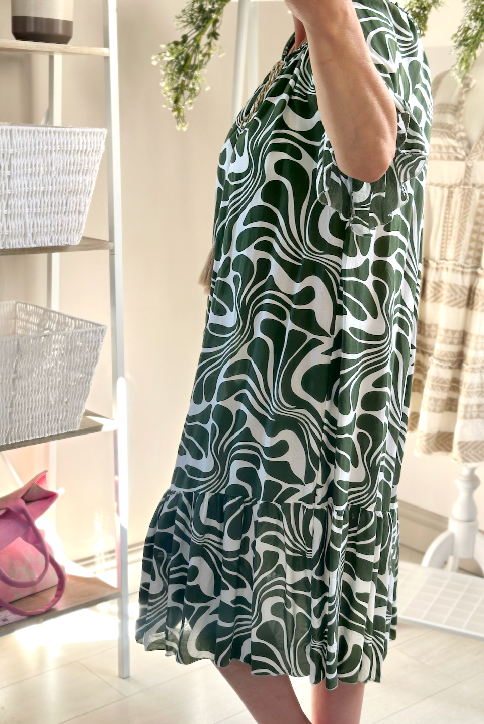 Made in Italy Khaki Swirl Print Bardot Midi Dress