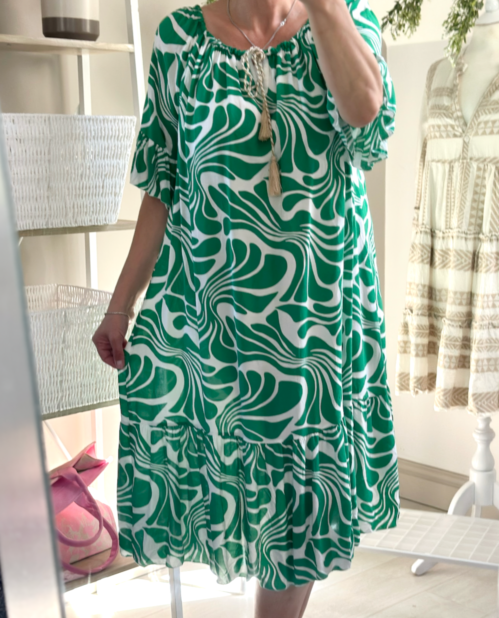 Made in Italy Jade Swirl Print Bardot Midi Dress