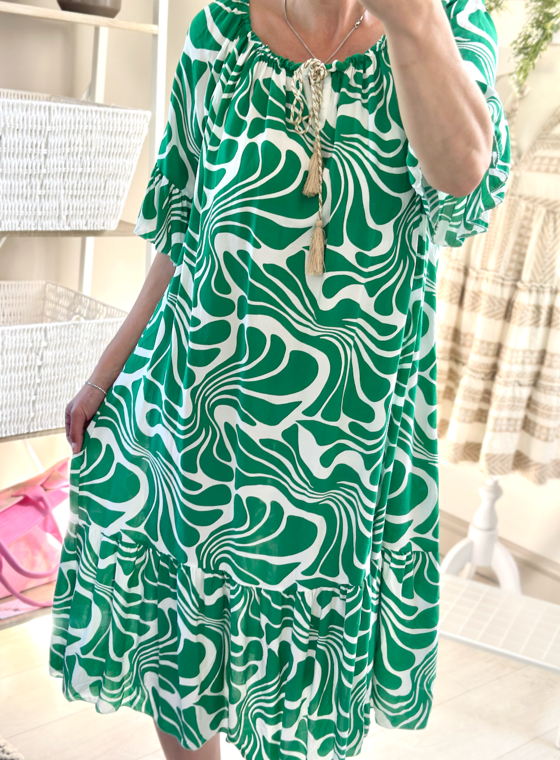 Made in Italy Jade Swirl Print Bardot Midi Dress