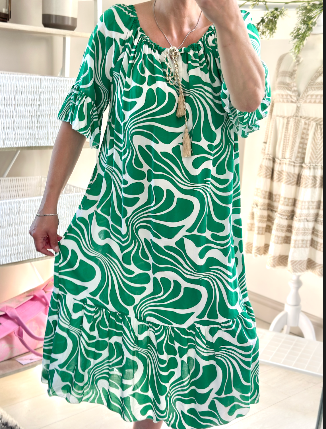 Made in Italy Jade Swirl Print Bardot Midi Dress