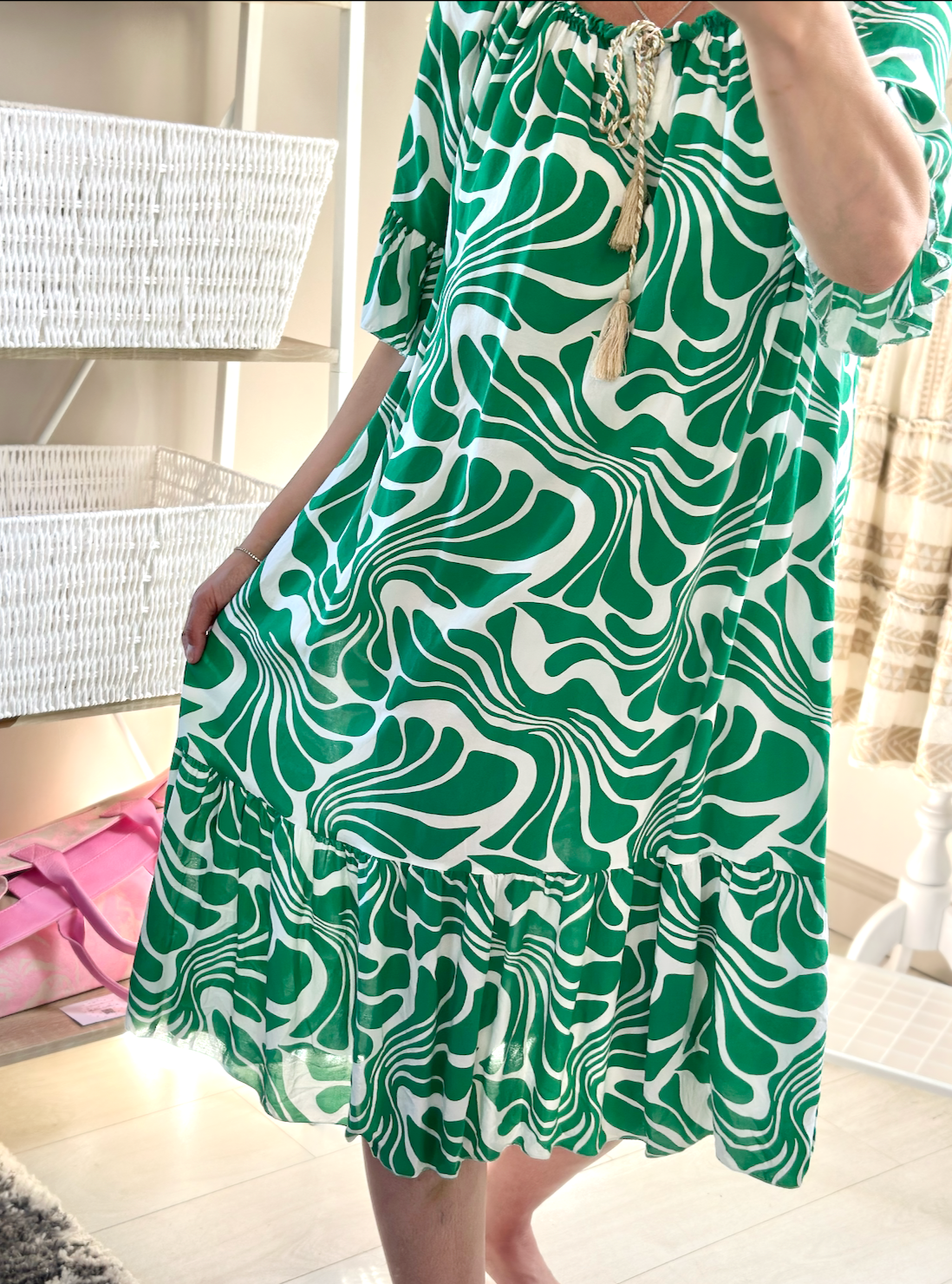 Made in Italy Jade Swirl Print Bardot Midi Dress