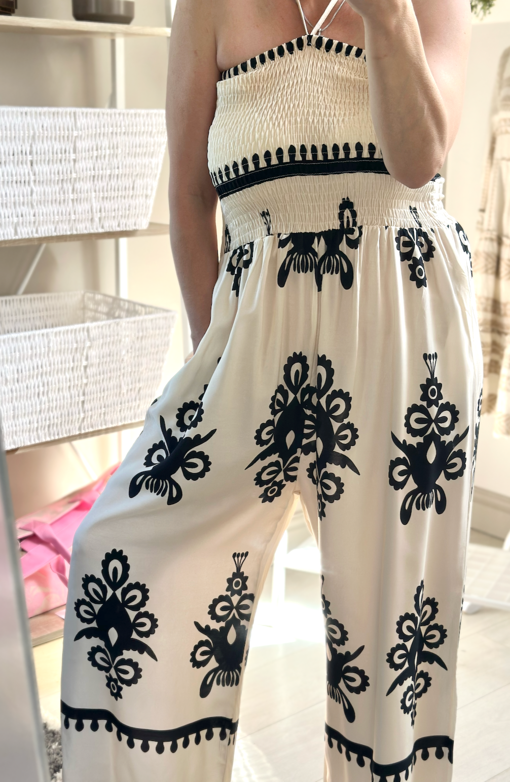 Made in Italy Black and White Wide Leg Shirred Bodice Bandeau Printed Jumpsuit