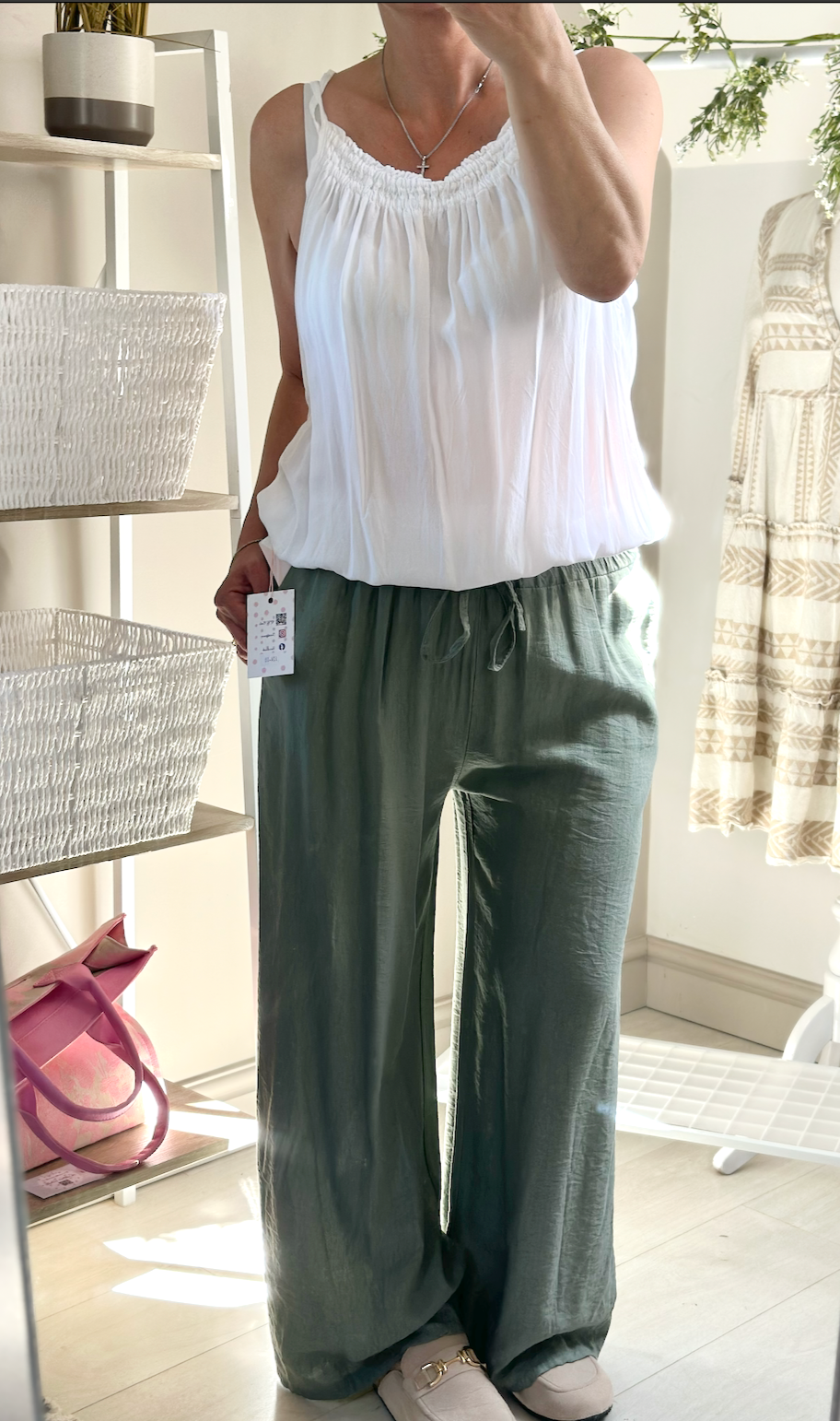 Made in Italy Khaki Wide Leg Pocket Drawstring Trousers