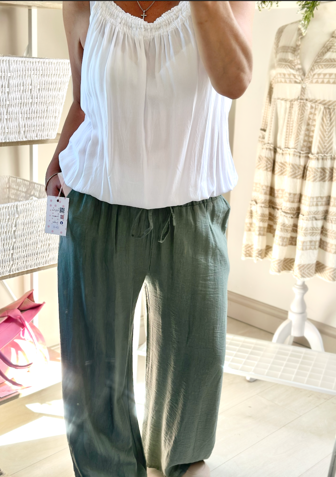 Made in Italy Khaki Wide Leg Pocket Drawstring Trousers