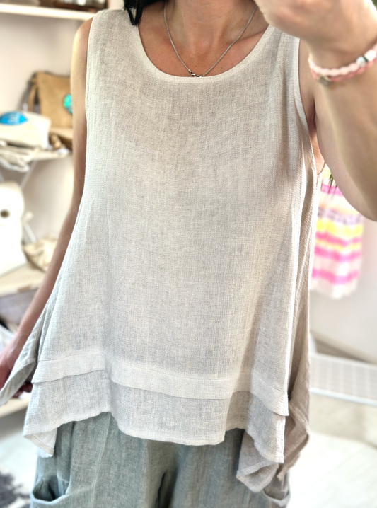 Made in Italy Beige Sleeveless Washed Linen Top