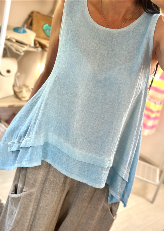 Made in Italy Baby Blue Sleeveless Washed Linen Top