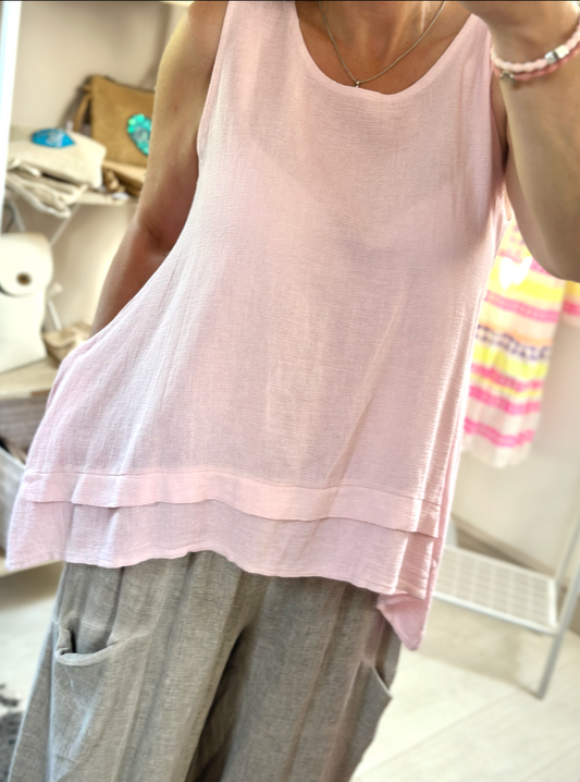 Made in Italy Baby Pink Sleeveless Washed Linen Top