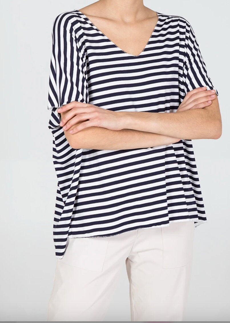 Made in Italy Navy and White V-Neck Stripe T-Shirt