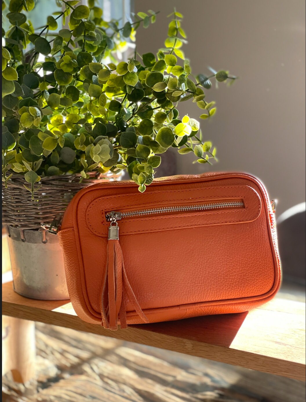 Made in Italy Orange Side Tassel Leather Camera Bag Crossbody Bag Handbag Crossbody Strap
