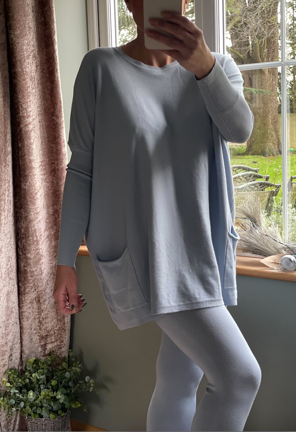 Made in Italy Baby Blue Crew Neck Batwing With Pockets Lounge Set