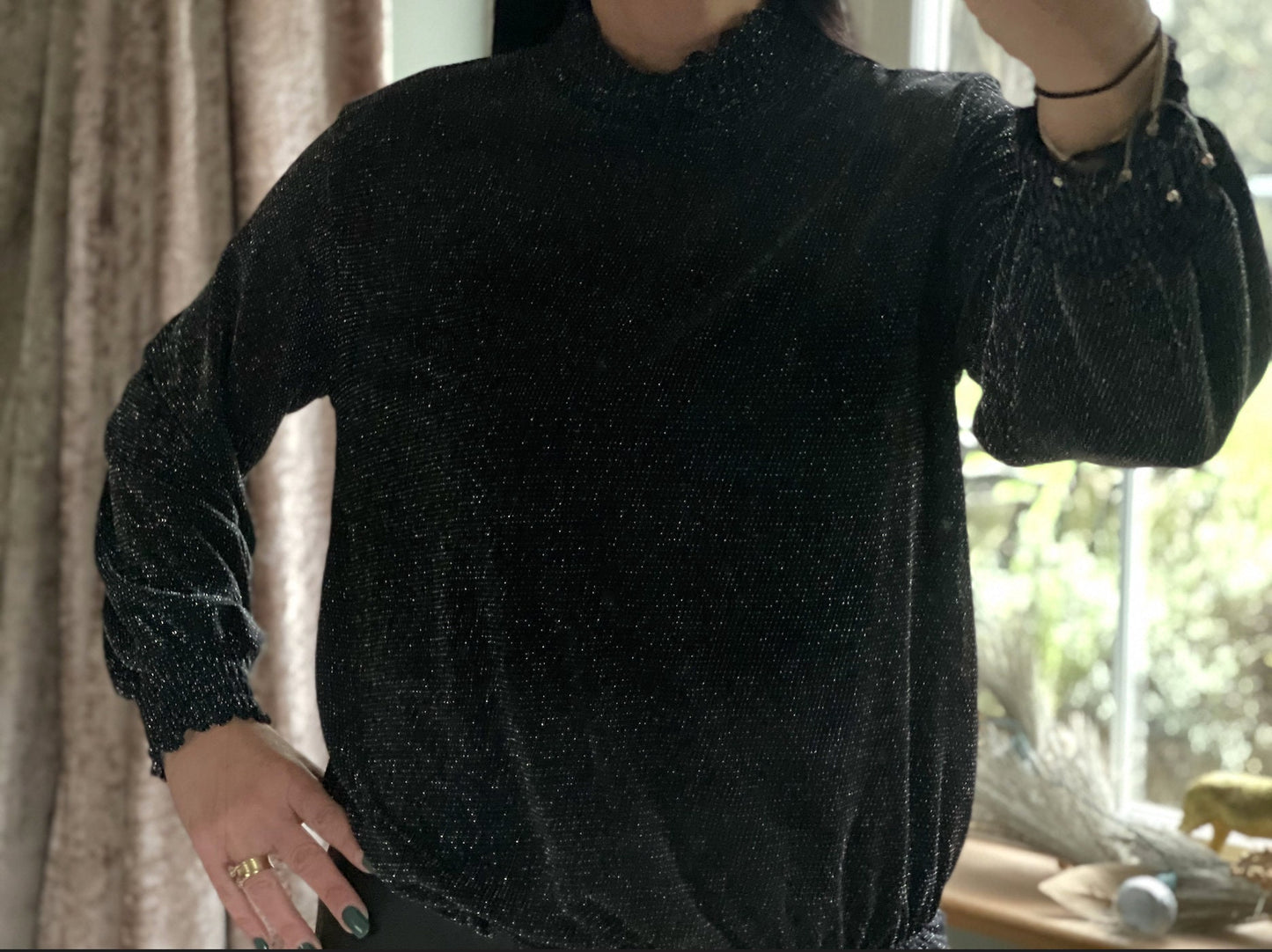 Made in Italy Black Shimmer High Neck Blouse Top