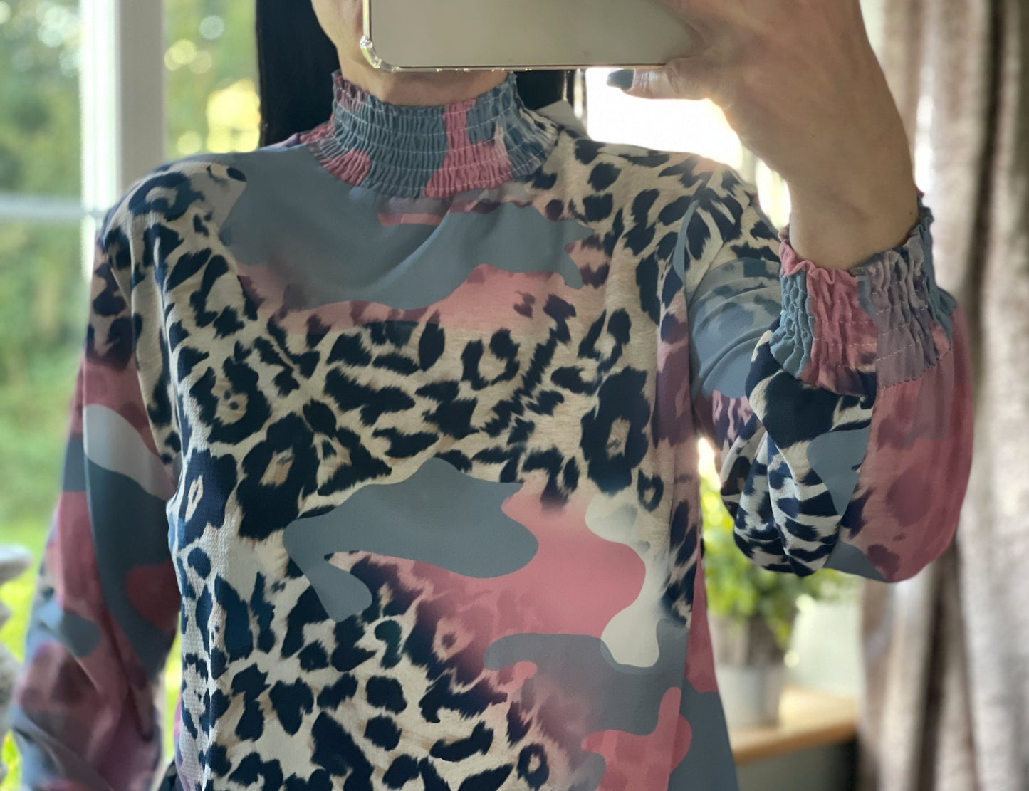 Made in Italy Patterend Navy and Pink High Neck Blouse