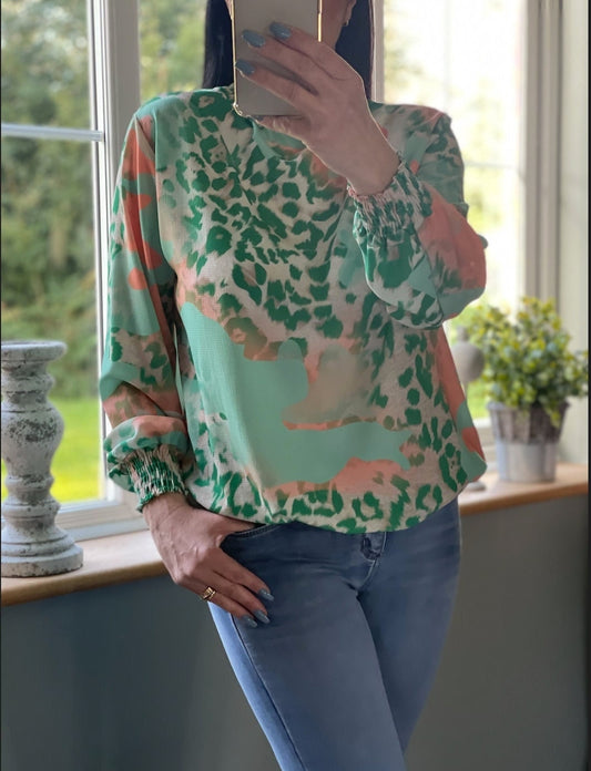 Made in Italy Patterend Light Green and Peach High Neck Blouse