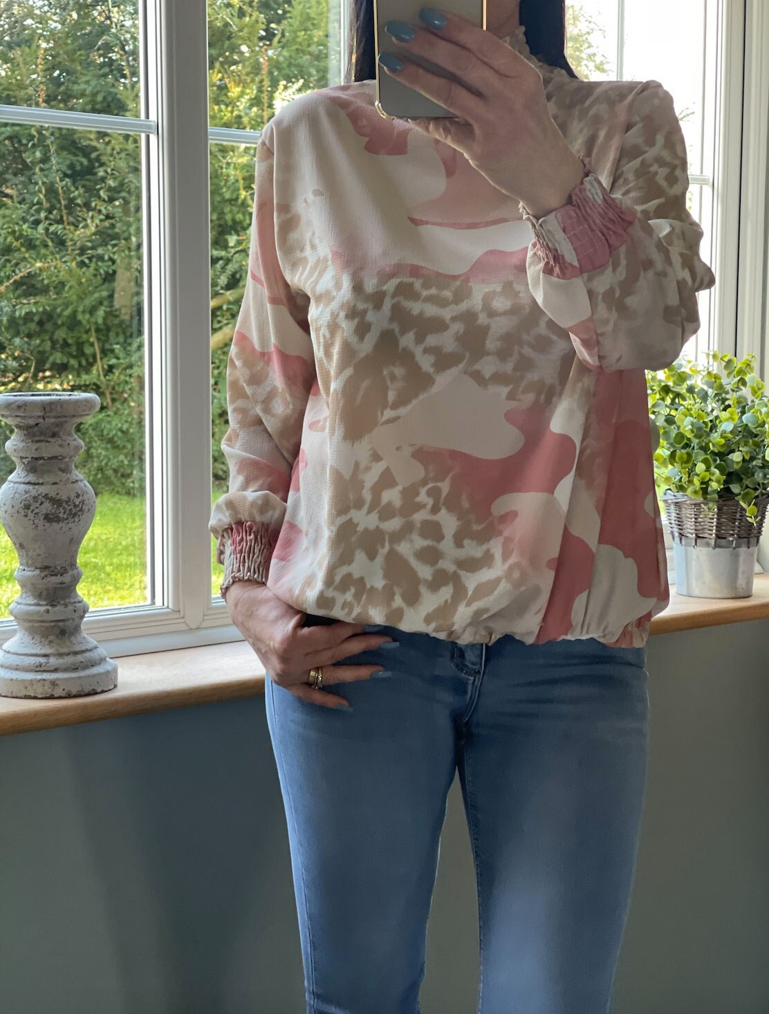 Made in Italy Beige and Dusky Pink Patterend k High Neck Blouse
