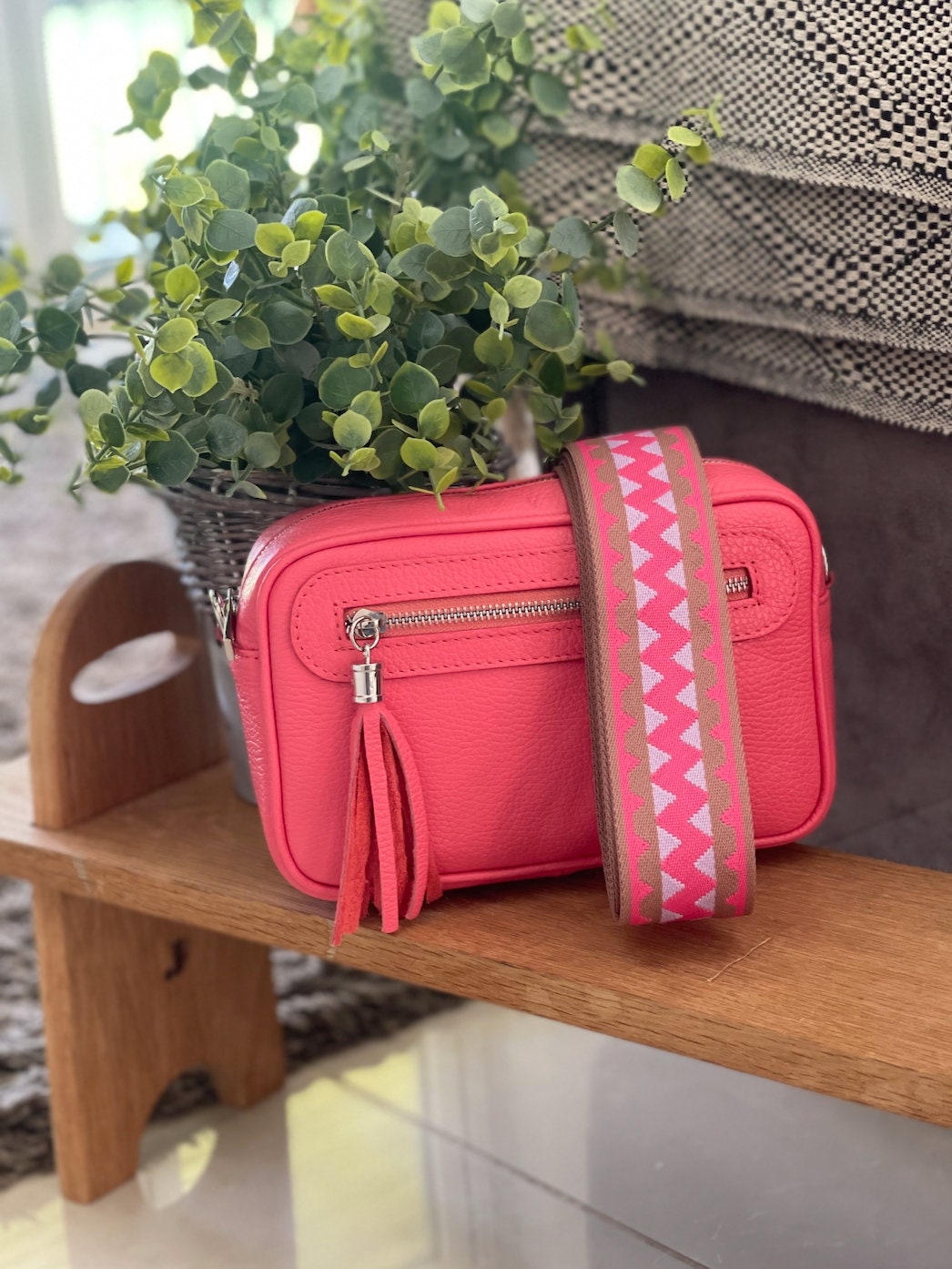 Made in Italy Coral Pink Side Tassel Leather Camera Bag Crossbody Bag Handbag Crossbody Strap