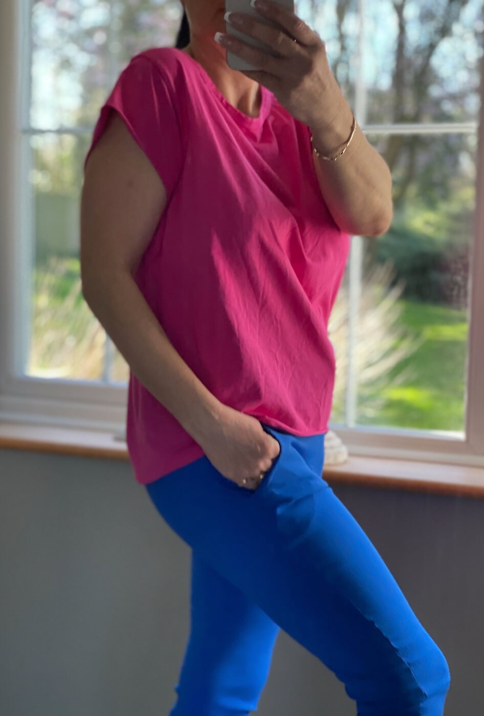 Made in Italy Hot Pink Cap Sleeve High Low Rolled Edge Top