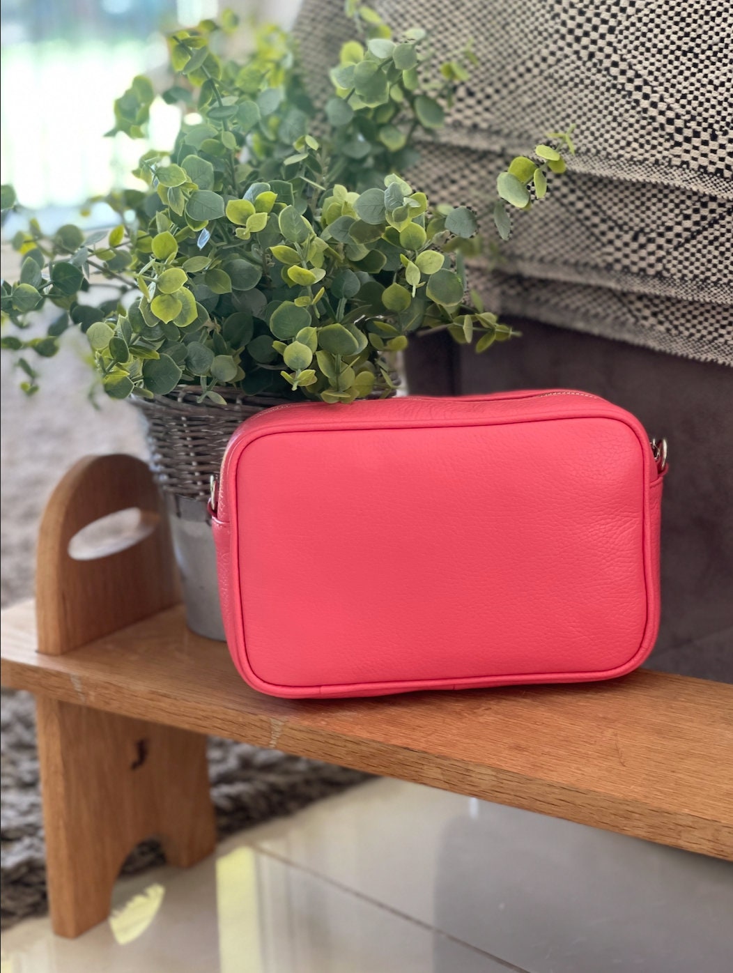 Made in Italy Coral Pink Side Tassel Leather Camera Bag Crossbody Bag Handbag Crossbody Strap