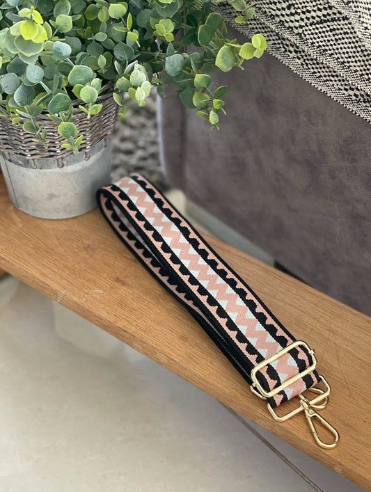 Pink and Black Zig Zag Patterned Handbag Straps, Detachable Bag Strap, Crossbody Long Strap, Clip On Bag Strap GOLD hardware