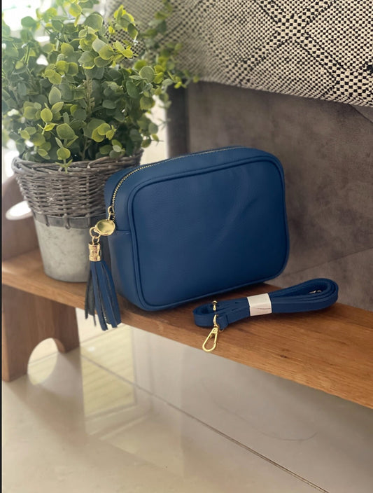 Made in Italy Royal Blue GOLD Hardware Side Tassel Leather Camera Bag Crossbody Bag Handbag Crossbody Strap