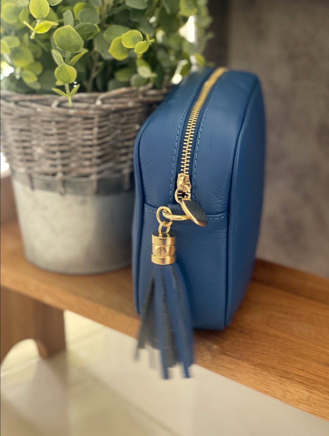 Made in Italy Royal Blue GOLD Hardware Side Tassel Leather Camera Bag Crossbody Bag Handbag Crossbody Strap