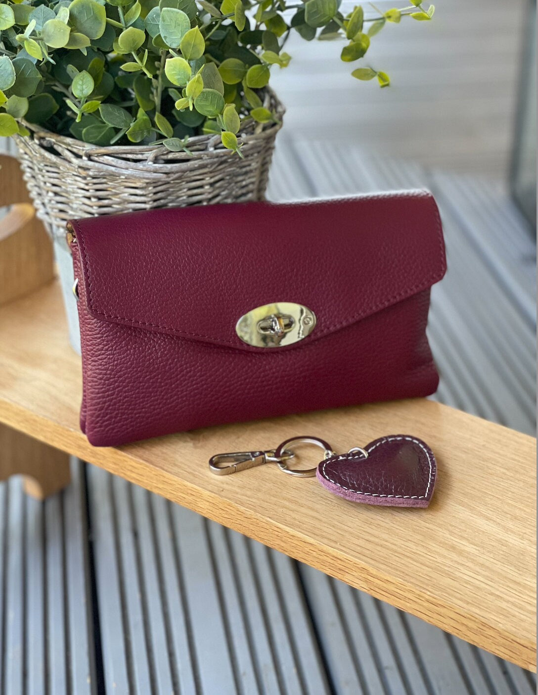 Leather Heart Burgundy Keyring/Fob for Bag or Keys, Genuine Textured Leather,