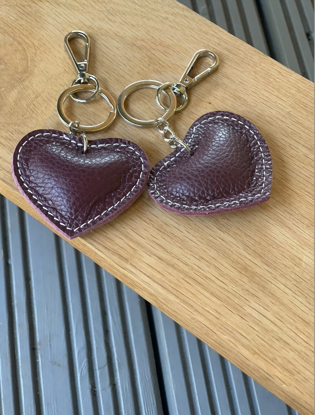 Leather Heart Burgundy Keyring/Fob for Bag or Keys, Genuine Textured Leather,