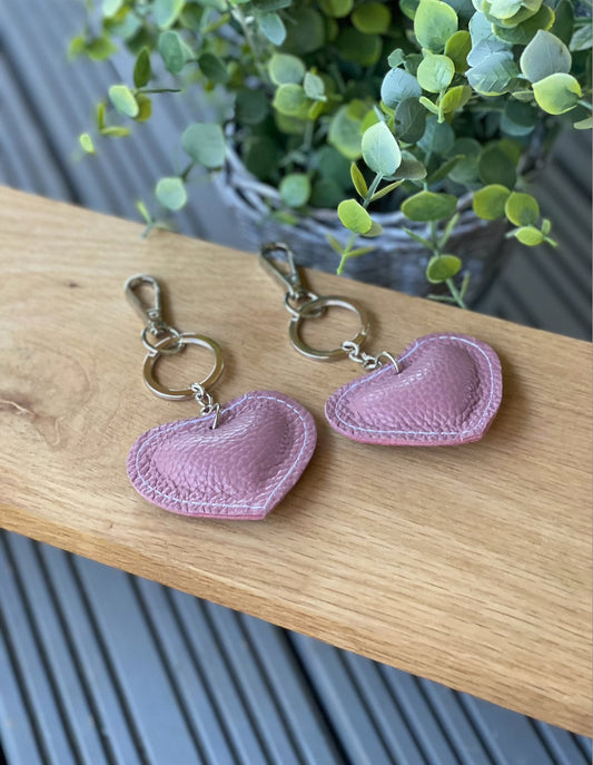 Leather Heart Pink Keyring/Fob for Bag or Keys, Genuine Textured Leather,