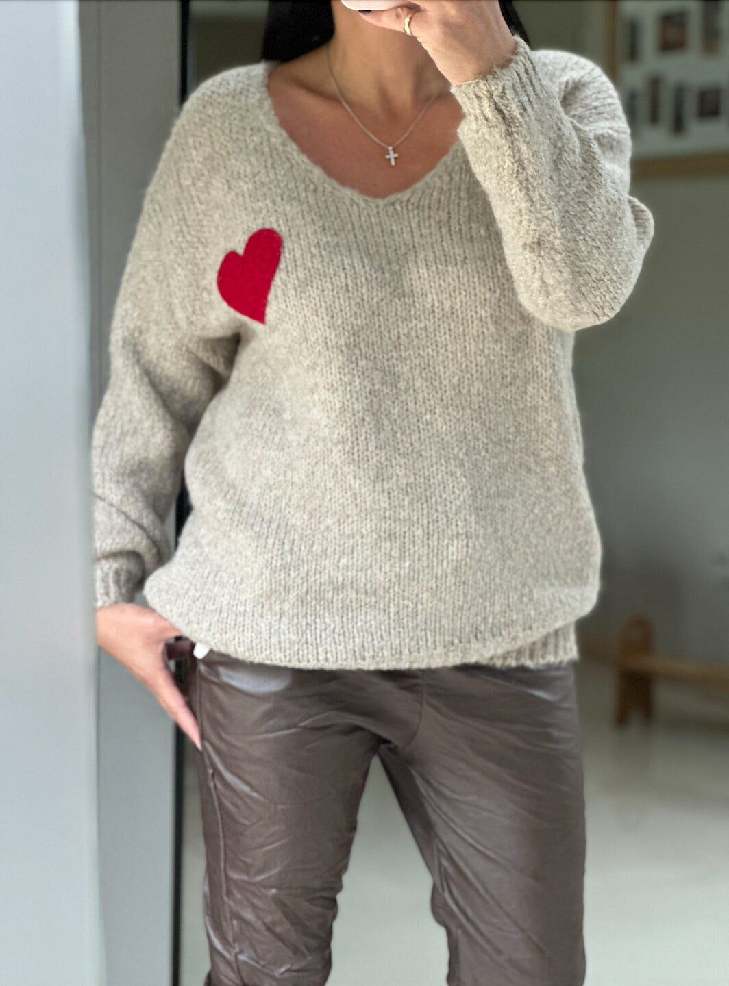 Made in Italy V Neck Beige Heart Knitted Jumper, Pullover