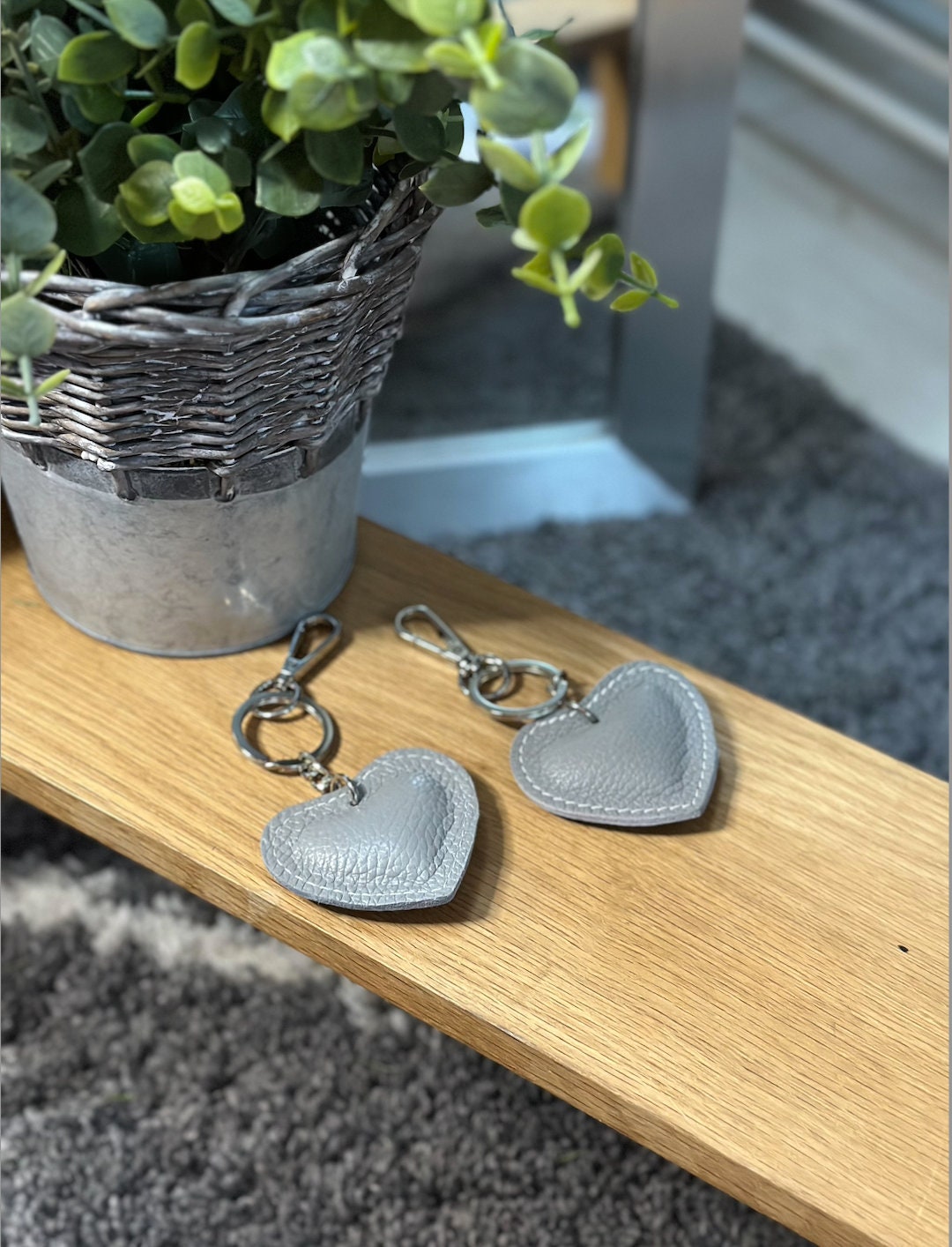 Leather Heart Light Grey Keyring/Fob for Bag or Keys, Genuine Textured Leather,