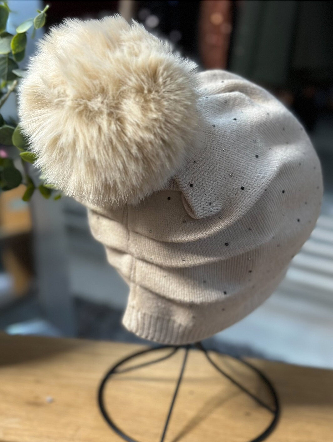 Beige Hat with Scattered Diamantes Pom Pom Beanie Hat Detachable Faux Fur Changeable Pom