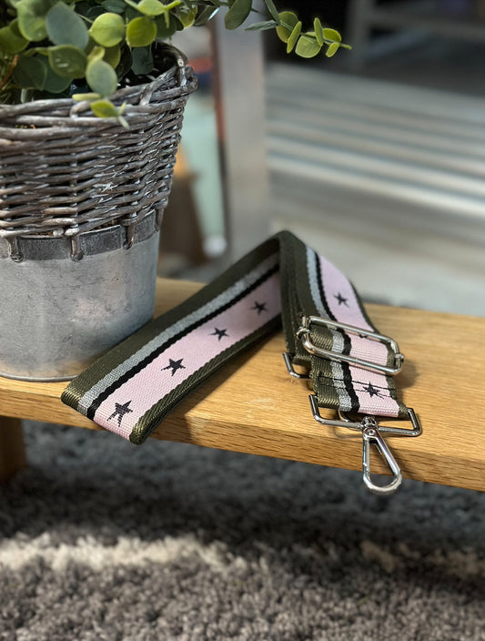 Olive Green and Pink Star Patterned Handbag Straps, Detachable Bag Strap, Crossbody Long Strap, Clip On Bag Strap